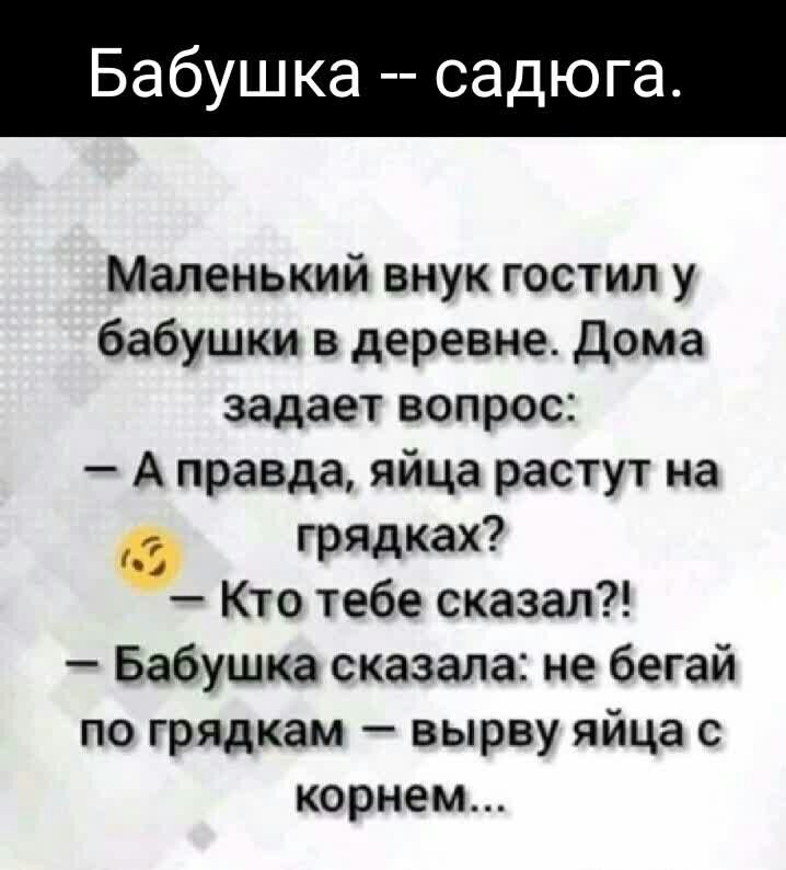 Бабушка садюга Маленький внук гостил у бабушки в деревне Дома задает вопрос А правда яйца растут на грядках Кто тебе сказал Бабушка сказала не бегай по грядкам вырву яйца с корнем