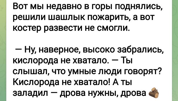 ВОТ МЫ недавно В ГОРЫ ПОДНЯЛИСЬ решили шашлык ПОЖЗрИТЬ а БОТ костер развеет не смогли Ну наверное высоко забрались кислорода не хватало Ты слышал что умные люди говорят Кислорада не хватало А ты заладил дрова нужны дрова