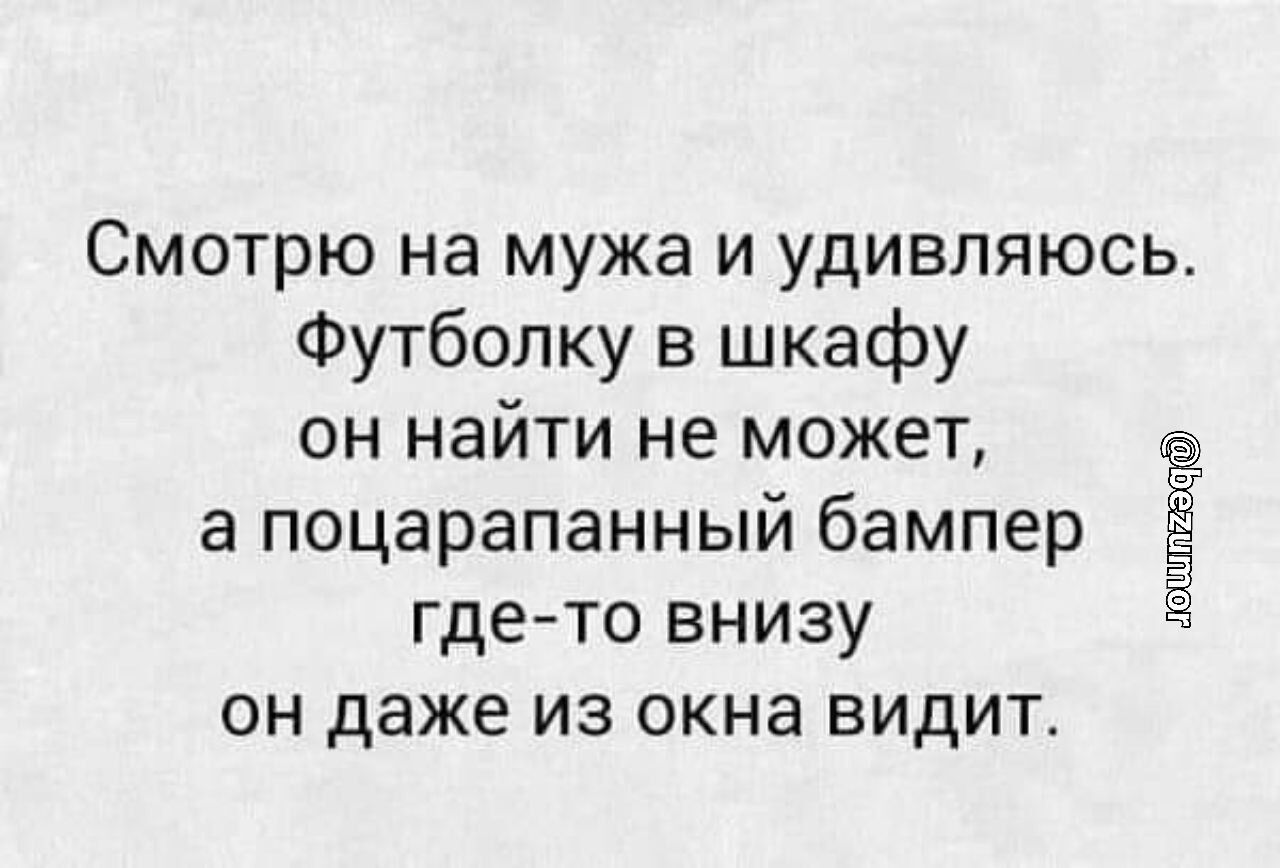 Смотрю на мужа и удивляюсь Футболку в шкафу он найти не может а поцарапанный бампер гдето внизу он даже из окна видит