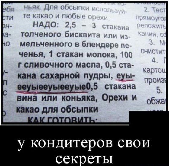 НАДО 23 _ ТОПЧЕНОГО ОИСМьИУц МЕПЬЧВННОГО В бпеид_ ченья 1 стакан молока г сливочного масла 05 ста кана сахарной пудры е_узъ ишюхыовхыеод стакана вина или коньяка Орехи и какао для обсыпки у кондитеров свои сек еты
