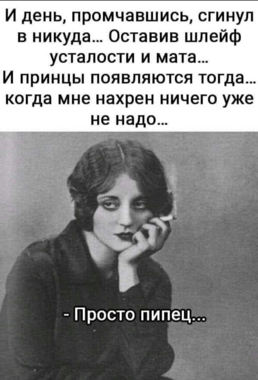 И день промчавшись сгинул в никуда Оставив шлейф усталости и мата И ПРИНЦЫ ПОЯВЛЯЮТСЯ тогда КОГДЗ мне нахрен ничего уже не надо А г Просто пипец