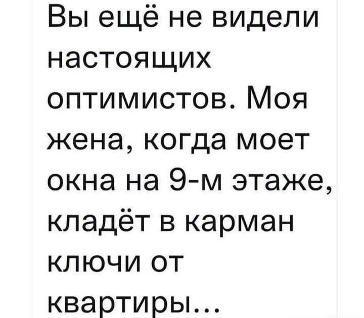 Вы ещё не видели настоящих оптимистов Моя жена когда моет окна на 9 м этаже кладёт в карман ключи от квартиры