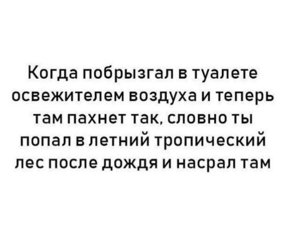 Когда побрызгал в туалете освежителем воздуха и теперь там пахнет так словно ты попал в летний тропический пес после дождя и насрал там