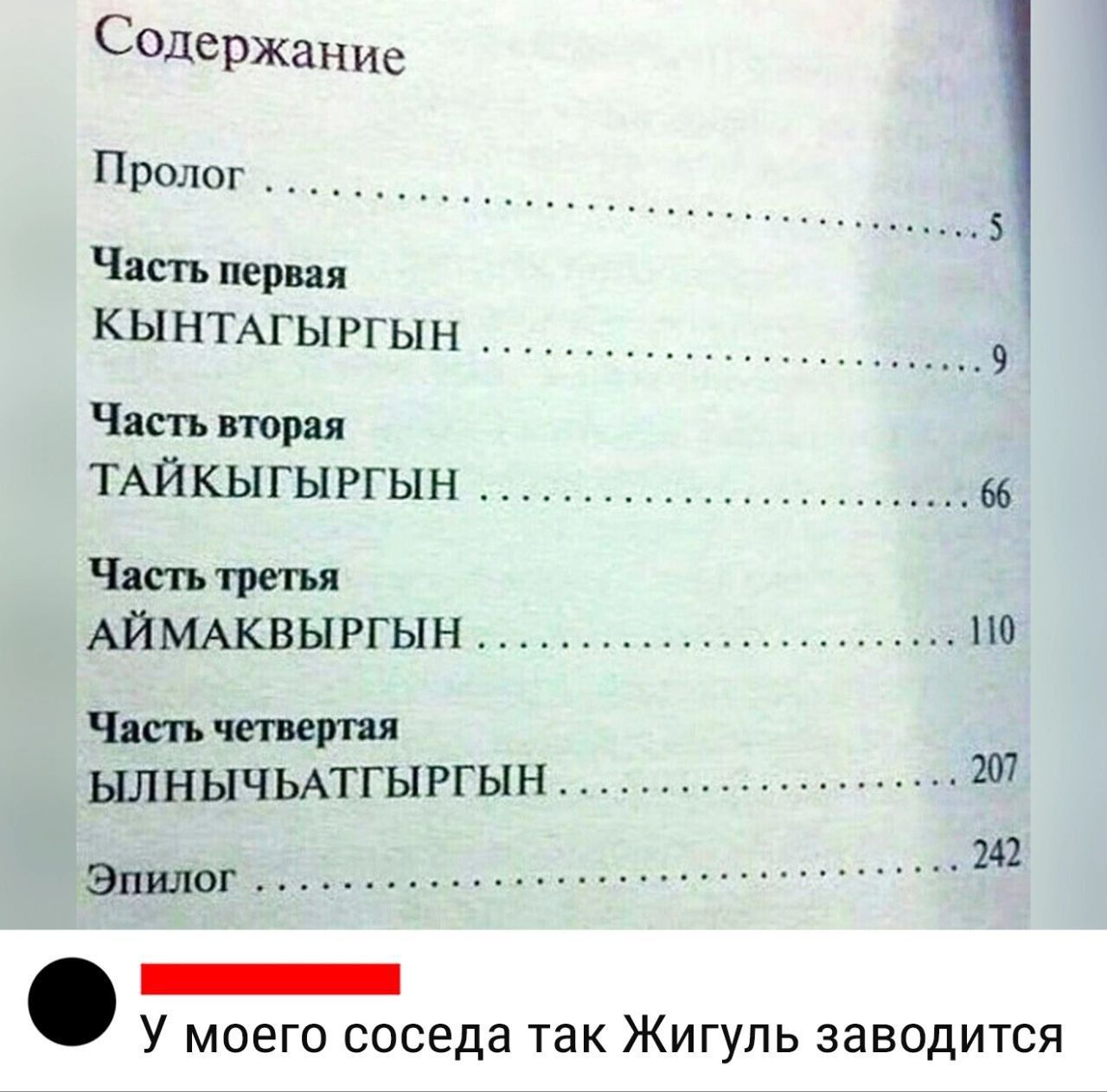 СОДВржание Пролог Часть первая КЫНТАГЫР ЫН Часть парня ТАЙКЫГЫРГЫН 66 Чяштрепя АЙМАКВЫРГЫН по Чик п чешуи ЫЛНЫЧЬАТГЫРГЫН 207 Эпилог _ у МОЕГО соседа ТЭК ЖИГУЛЬ заводится