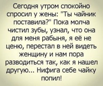 Сегодня утром спокойно спросил у жены Ты чайник поставила Пока молча чистил зубы узнал что она для меня рабыня я её не ценю перестал в ней видеть женщину и нам пора разводиться так как я нашел другую Нифига себе чайку попил