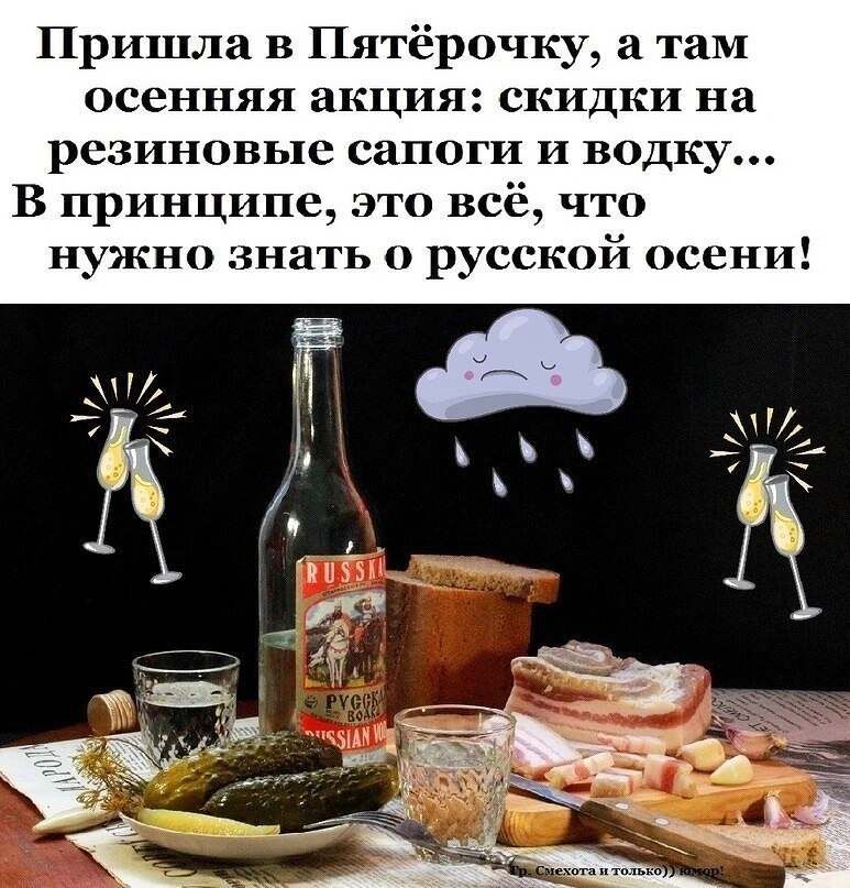 Пришла в Пятёрочку а там Осенняя акция СКИДКИ на резиновые сапоги и водку В принципе это всё что нужно знать 0 РУССКОЙ ОССНП