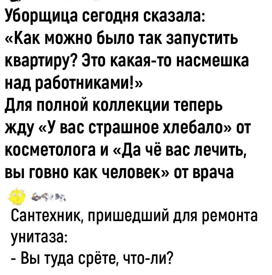 Уборщица сегодня сказала Как можно было так запустить квартиру Это какая то насмешка над работниками для полной коллекции теперь жду У вас страшное хлебало от косметолога и да чё вас лечить вы говно как человек от врача 0 л ч Сантехник пришедший дЛЯ ремонта унитаза Вы туда срёте что ли