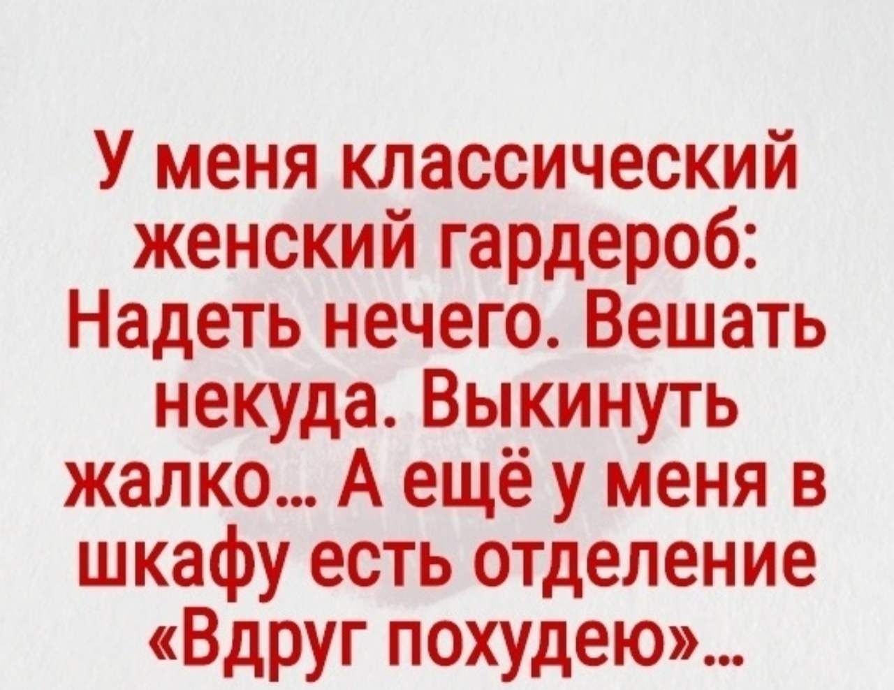 У меня классический женский гардероб Надеть нечего Вешать некуда Выкинуть жалко А ещё у меня в шкафу есть отделение Вдруг похудею