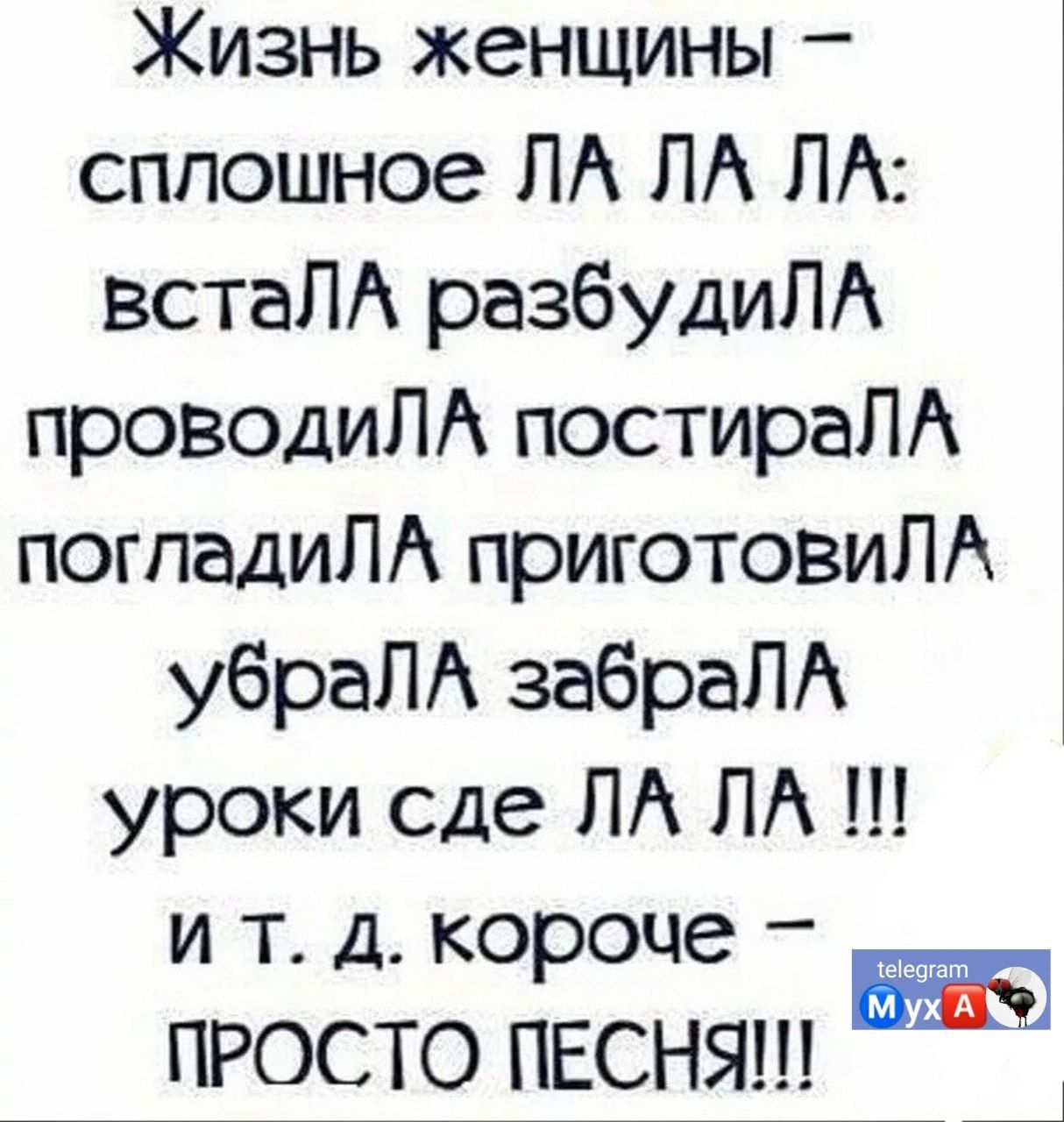 Жизнь женщины сплошное ЛА ЛА ПА встаЛА разбудил проводиЛА постираЛА погпадиЛА приготовиЛА убраЛА забраЛА уроки сде ЛА ПА и т д короче ПРОСТО ПЕСНЯ
