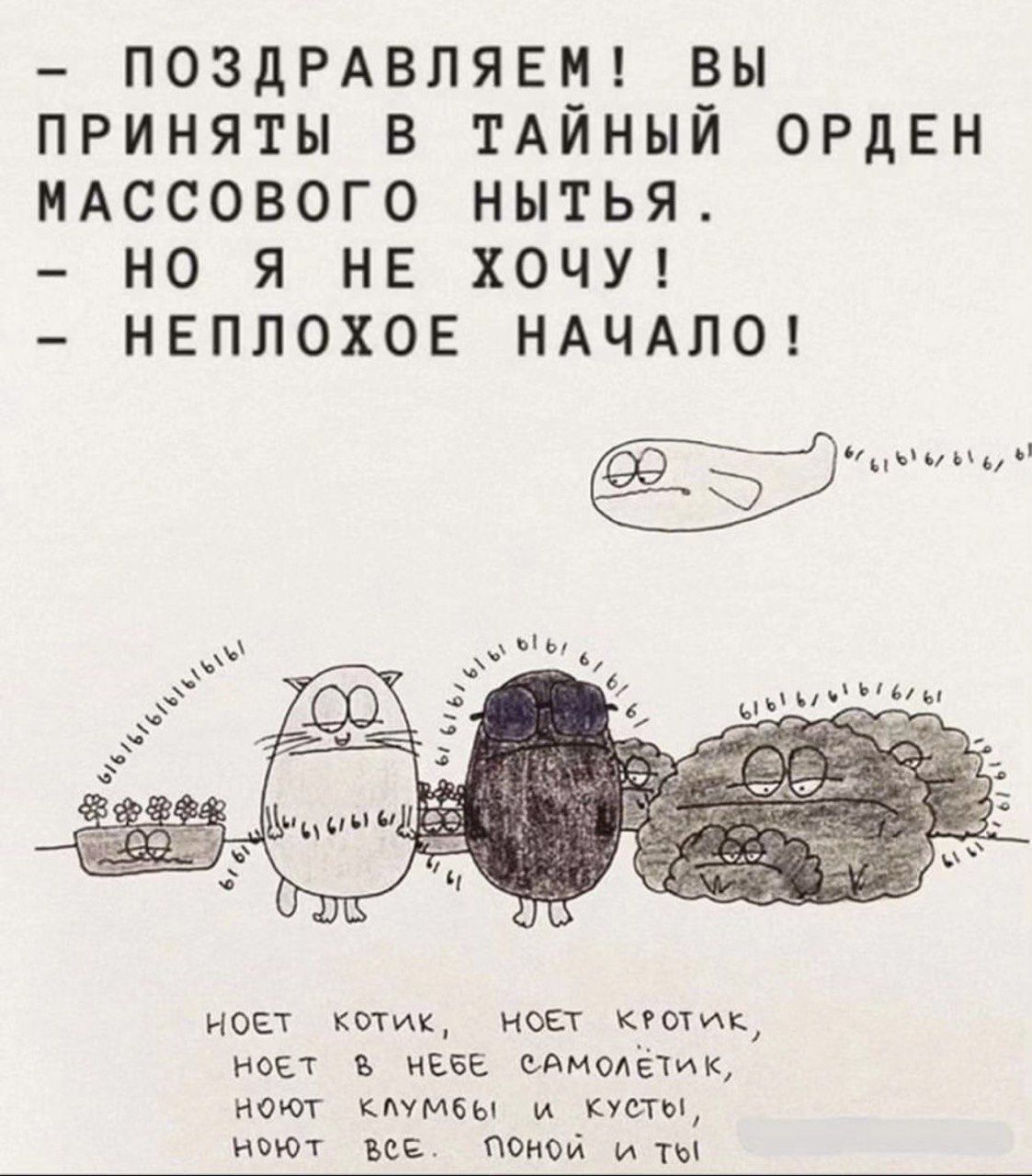 ПОЗДРАВЛЯЕМ ВЫ ПРИНЯТЬ В ТАЙНЫЙ ОРДЕН МАССОВОГО НЫТЬЯ НО Я НЕ ХОЧУ НЕПЛОХОЕ НАЧАЛО мшщ иовт киик ноет пшик ноет в Еее инолатик моют кммеы и кусты инт всі пеней иты