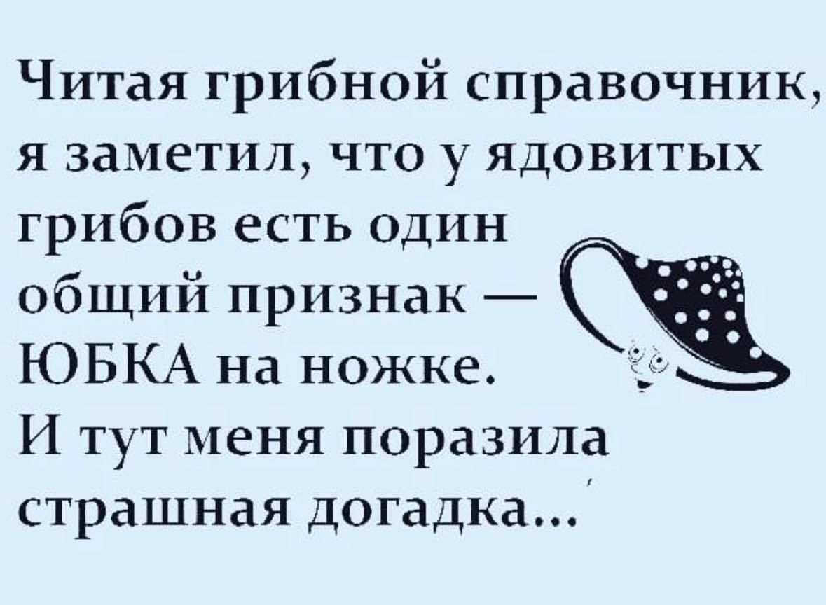 Читая грибной справочник я заметил что у ядовитых грибов есть один общий признак ЮБКА на ножке И тут меня поразила страшная догадка