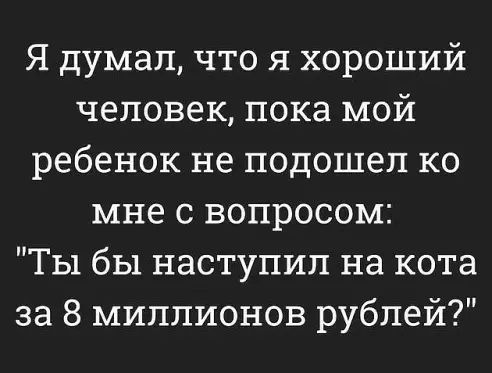 Я думалчто я хороший человек пока мой ребенок не подошел ко мне с вопросом ТЫ бы наступил на кота за 8 миллионов рублей