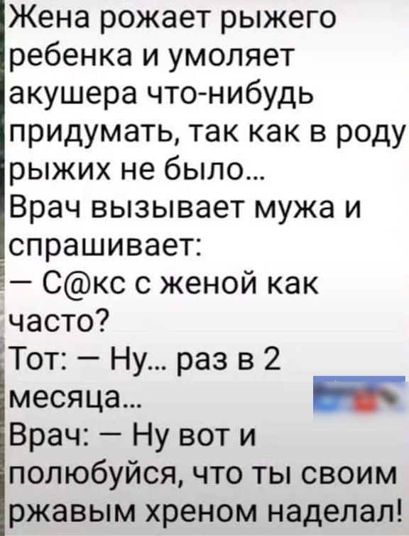 Жена рожает рыжего ребенка и умоляет акушера что нибудь придумать так как в роду рыжих не было Врач вызывает мужа и спрашивает _ Скс с женой как _часто ЁТот Ну раз в 2 месяца Врач Ну вот и попюбуйся что ты своим ржавым хреном наделал