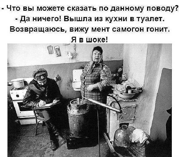 Что вы можете сказать по данному поводу да ничего Вышла из кухни в туалет Возвращаюсь вижу мент самогон гонит _Я в шоке Щ Ё Е