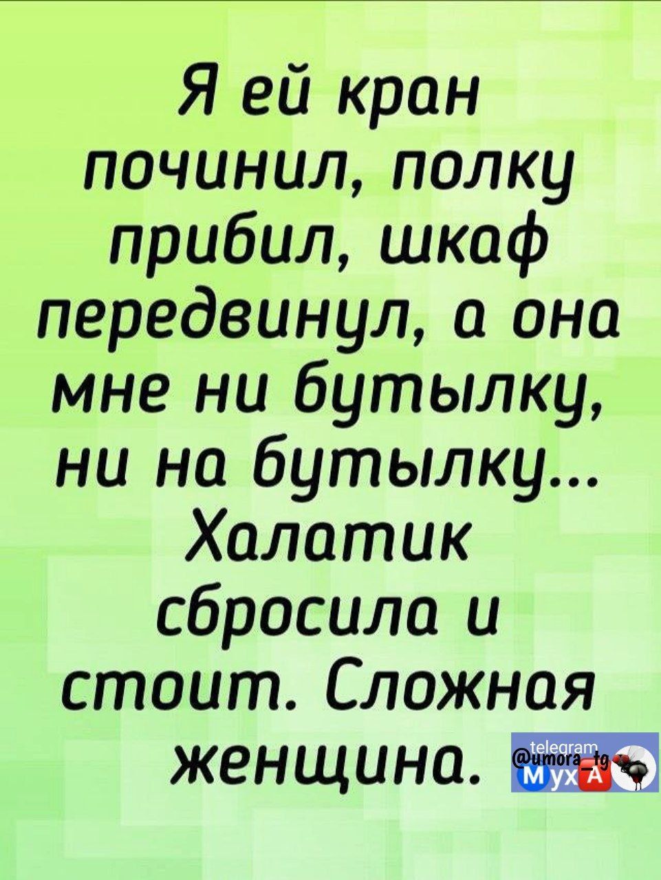 Я ей кран починил палку прибил шкаф передвинул а она мне ни бутылку ни на бутылку Халатик сбросила и стоит Сложная женщина