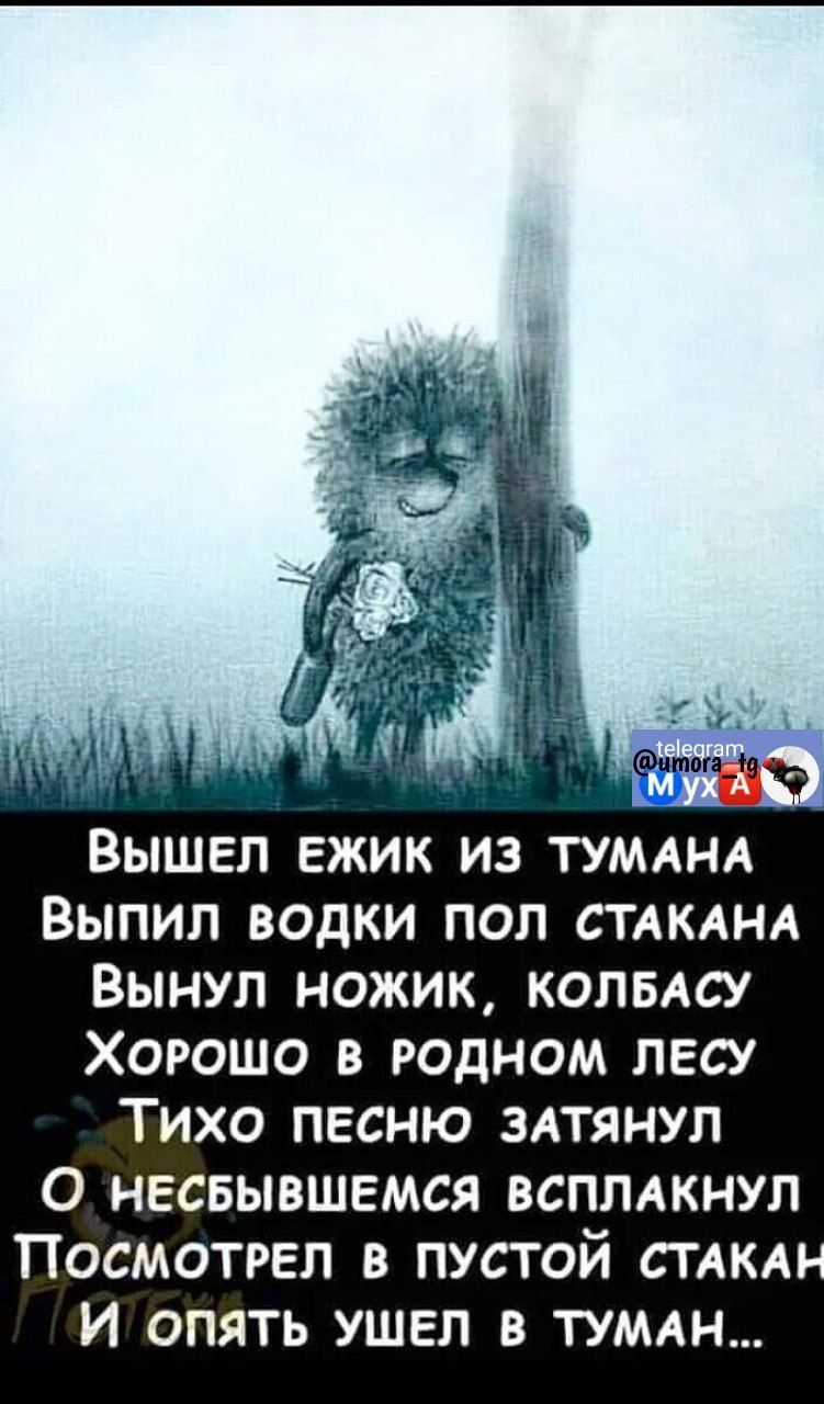 Вышел ежик из ТУМАНА Выпил водки пол СТАКАНА Вынул ножик колвАсу Хорошо в родном лесу Тихо песню ЗАТЯНУП О несвывшвмся вспмкнуп Посмотрел в пустой стлкд И опять ушел в ТУМАН