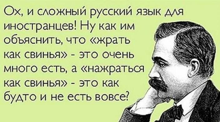 Ох и сюжный русский язык иностранцев Ну как им объяснить что жрать как свинья это очень много есть а нажраться как свинья это как будто и не есть вовсе