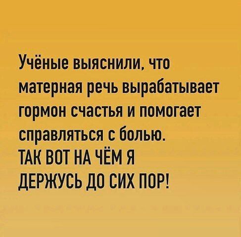 Учёные выяснили что матерная речь вырабатывает гормон счастья и помогает справляться с болью ТАК ВПТ НА ЧЁМ Я дЕРЖУСЬ ДО СИХ ПОР