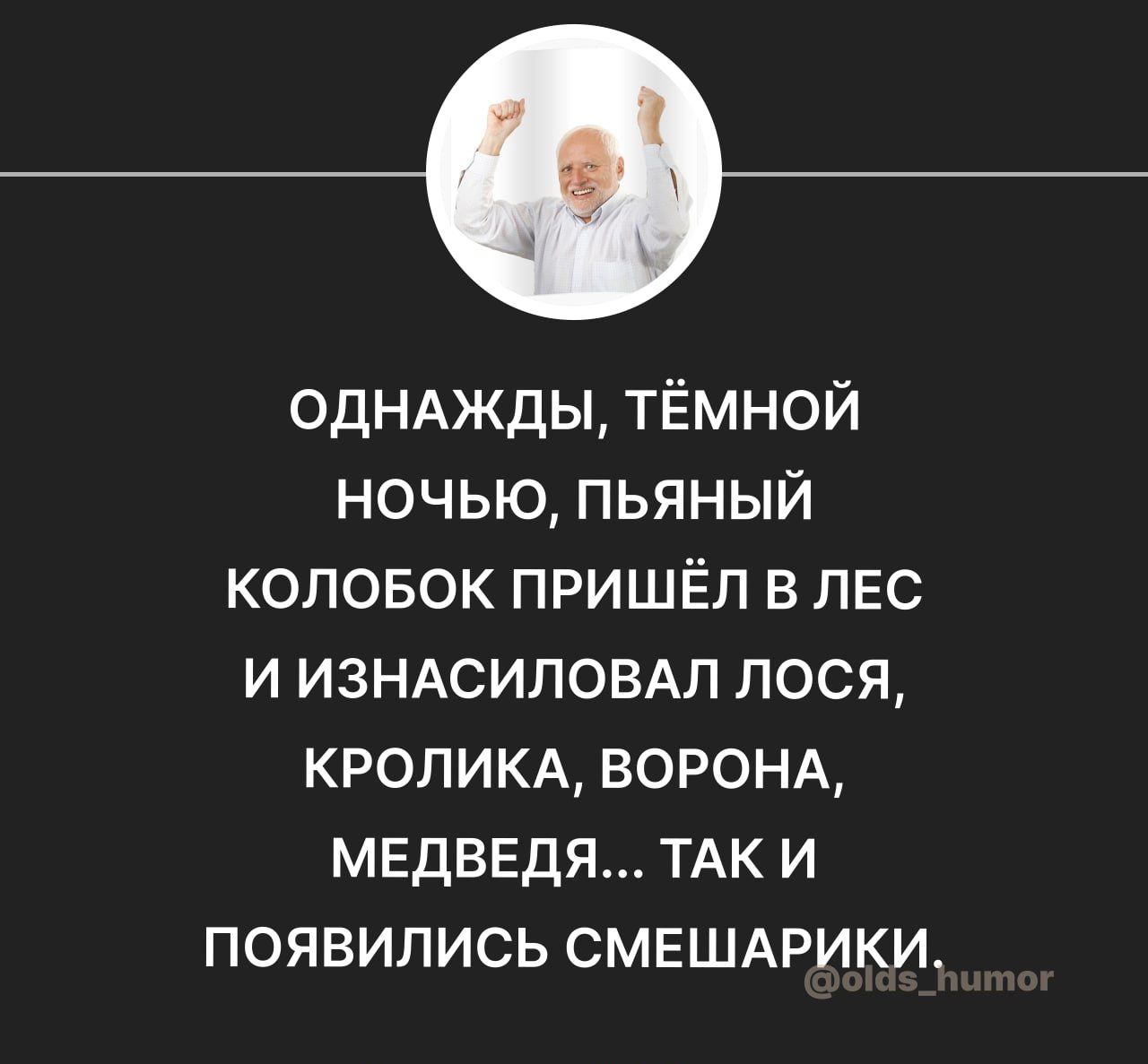 ОДНАЖДЫ тЁмной ночью пьяный коловок пришёл в лес и ИЗНАСИЛОВАЛ лося КРОЛИКА воронд МЕДВЕДЯ ТАК и появились СМЕШАРИКИ