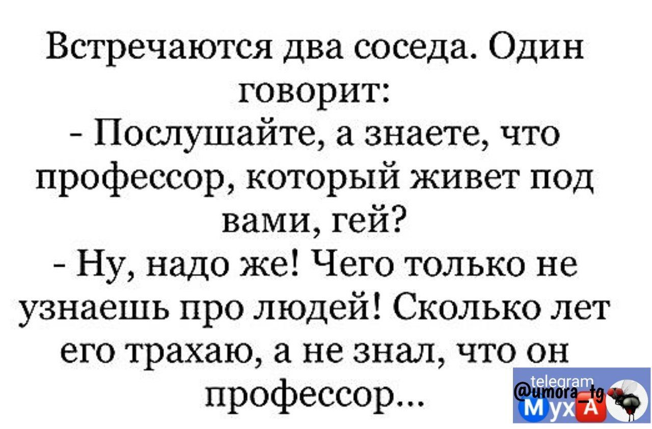 Встречаются два соседа Один говорит Послушайте а знаете что профессор который живет под вами гей Ну надо же Чего только не узнаешь про людей Сколько лет его трахаю а не знал что он профессор