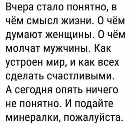 Вчера стало понятно в чём смысл жизни О чём думают женщины О чём молчат мужчины Как устроен мир и как всех сделать счастливыми А сегодня опять ничего не понятно И подайте минералки пожалуйста