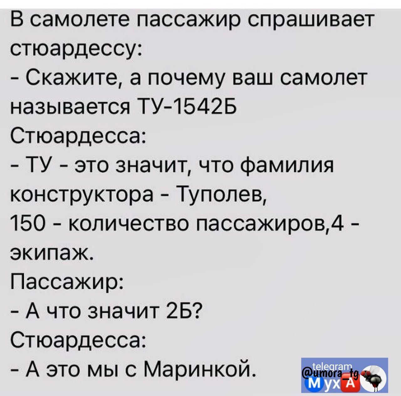 В самолете пассажир спрашивает стюардессу Скажите а почему ваш самолет называется ТУ 1542Б Стюардесса ТУ это значит что фамилия конструктора Туполев 150 количество пассажиров1 экипаж Пассажир А что значит 25 Стюардесса А это мыс Маринкой