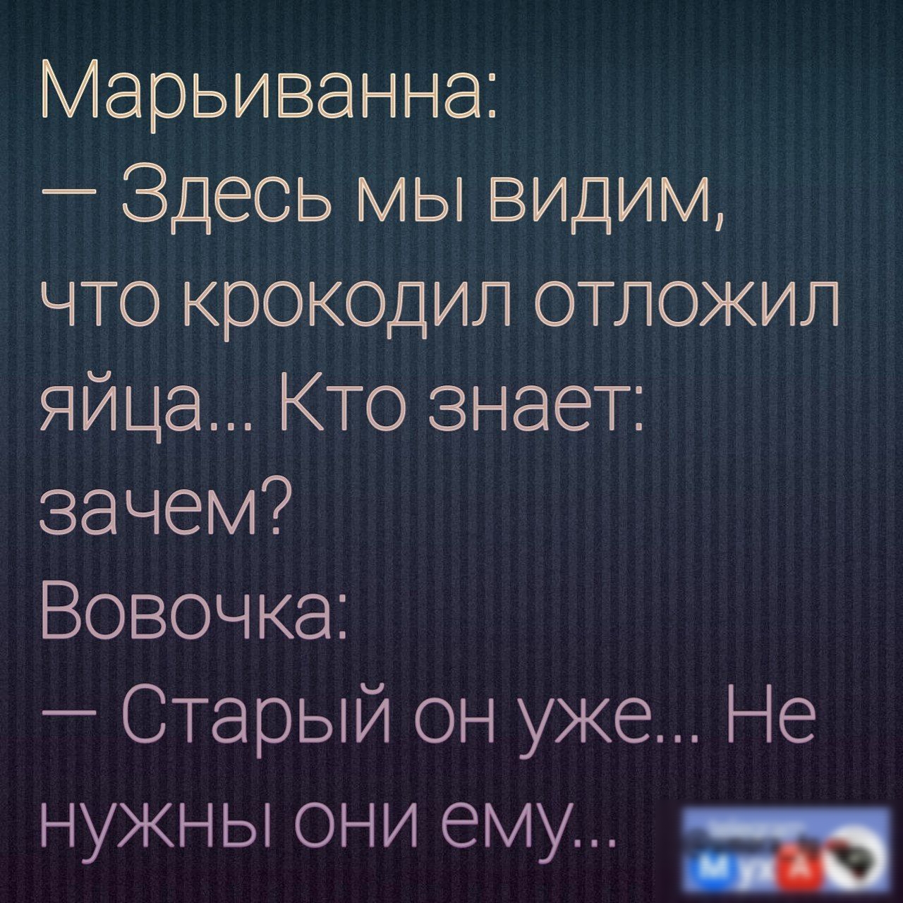 Марьиванна Здесь мы видим что крокодил отложил яйца Кто знает зачем Вовочка Старый он уже Не НУЖНЫ ОНИ ЕМУ