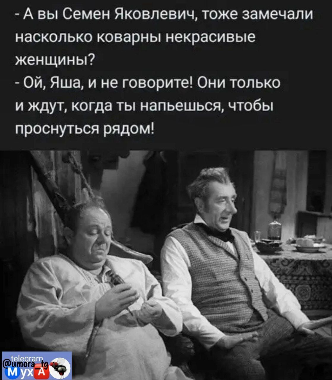 А вы Семен Яковлевич тоже замечали насколько коварны некрасивые женщины Ой Яша и не говорите Они только и ждут когда ты напьешься чтобы проснуться рядом