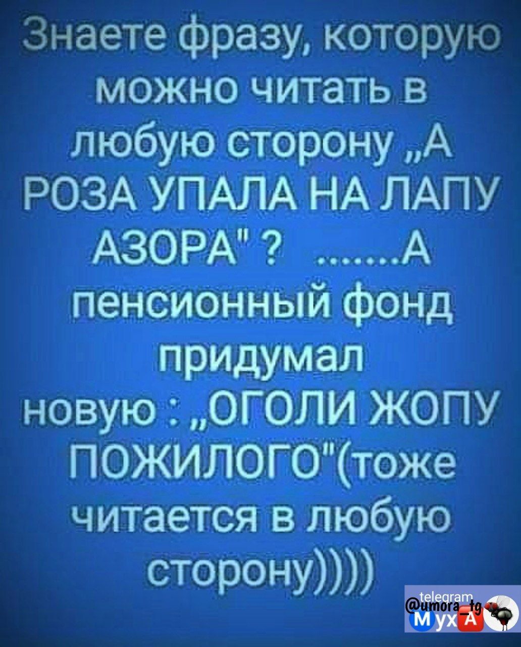 Знаете фразу которую можно читать в любую сторону А РОЗА УПАЛА НА ЛАПУ АЗОРА А пенсионный фонд придумал новую ОГОЛИ ЖОПУ ПОЖИЛОГОтоже читается в любую сторону
