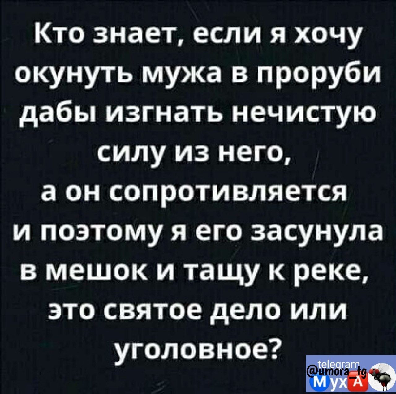 Кто знает если я хочу окунуть мужа в проруби дабы изгнать нечистую силу из него а он сопротивляется и поэтому я его засунула в мешок и тащу к реке это святое дело или уголовное