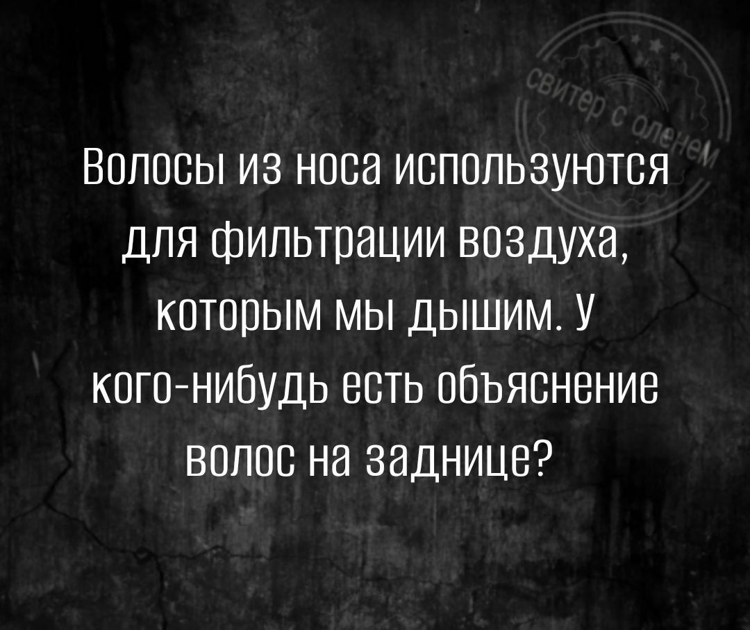 ВОЛОСЫ ИЗ НШШ ИСПОЛЬЗУЮТСЯ ДЛЯ ФИЛЬТПЭЦИИ ВПЗДУХЭ КПТОПЫМ МЫ ДЫШИМ У КППЪНИЁУДЬ ЕСТЬ ПБЬЯСНВНИВ ВОЛОС НВ ЗЭДНИЦБ