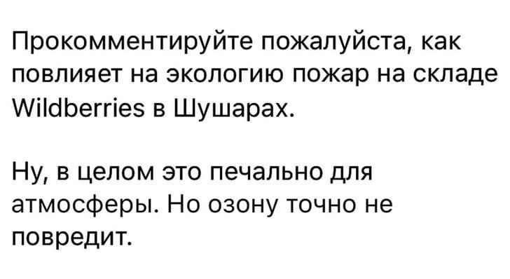 Прокомментируйте пожалуйста как повлияет На ЭКОЛОГИЮ пожар на складе МіісіЬеггіеэ в Шушарах Ну в целом это печально для атмосферы Но озону точно не повредит