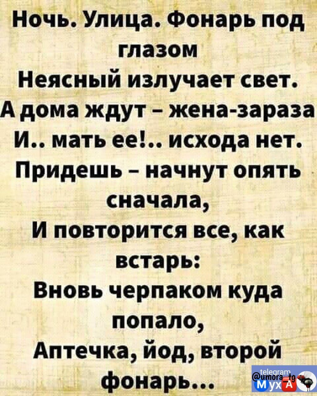 Ночь Улица Фонарь под глазом Неясный излучает свет А дома ждут жена зараза И мать ее исхода нет Придешь начнут опять сначала и повторится все как встарь Вновь черпаком куда попало Аптечка йод второй мы _ фонарь м7