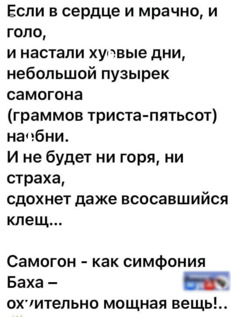 Если в сердце и мрачно и голо и настали хупэвые дни небольшой пузырек самогона граммов триста пятьсот начбни И не будет ни горя ни страха сдохнет даже всосавшийся клещ Самогон как симфония Баха 110 охчительно мощная вещь