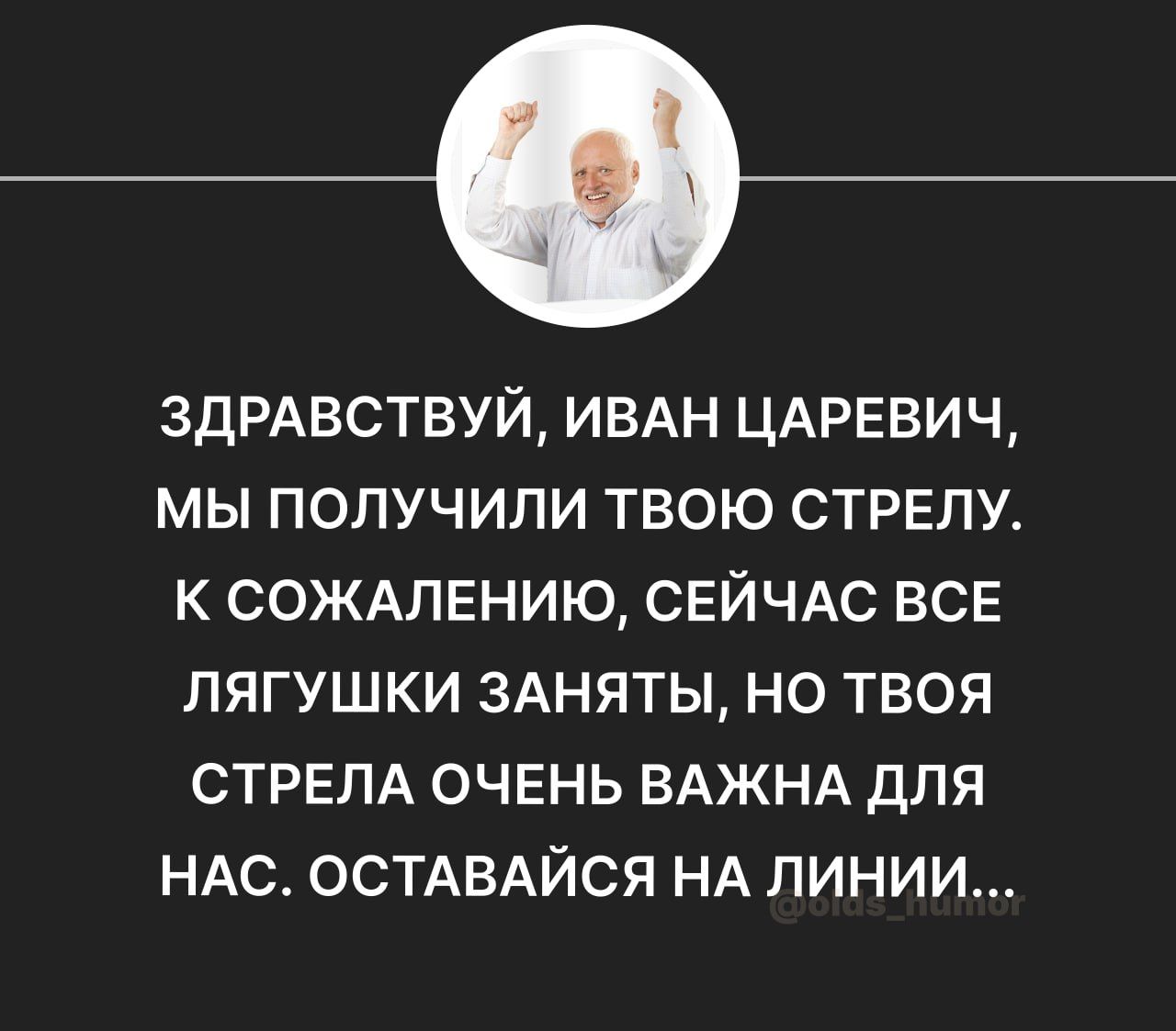 3дРАВСТВУЙ ИВАН ЦАРЕВИЧ мы получили твою стрвлш к сожшению СЕЙЧАС все лягушки 3Аняты но твоя СТРЕЛА очвнь ВАЖНА для НАС ОСТАВАЙСЯ НА линии