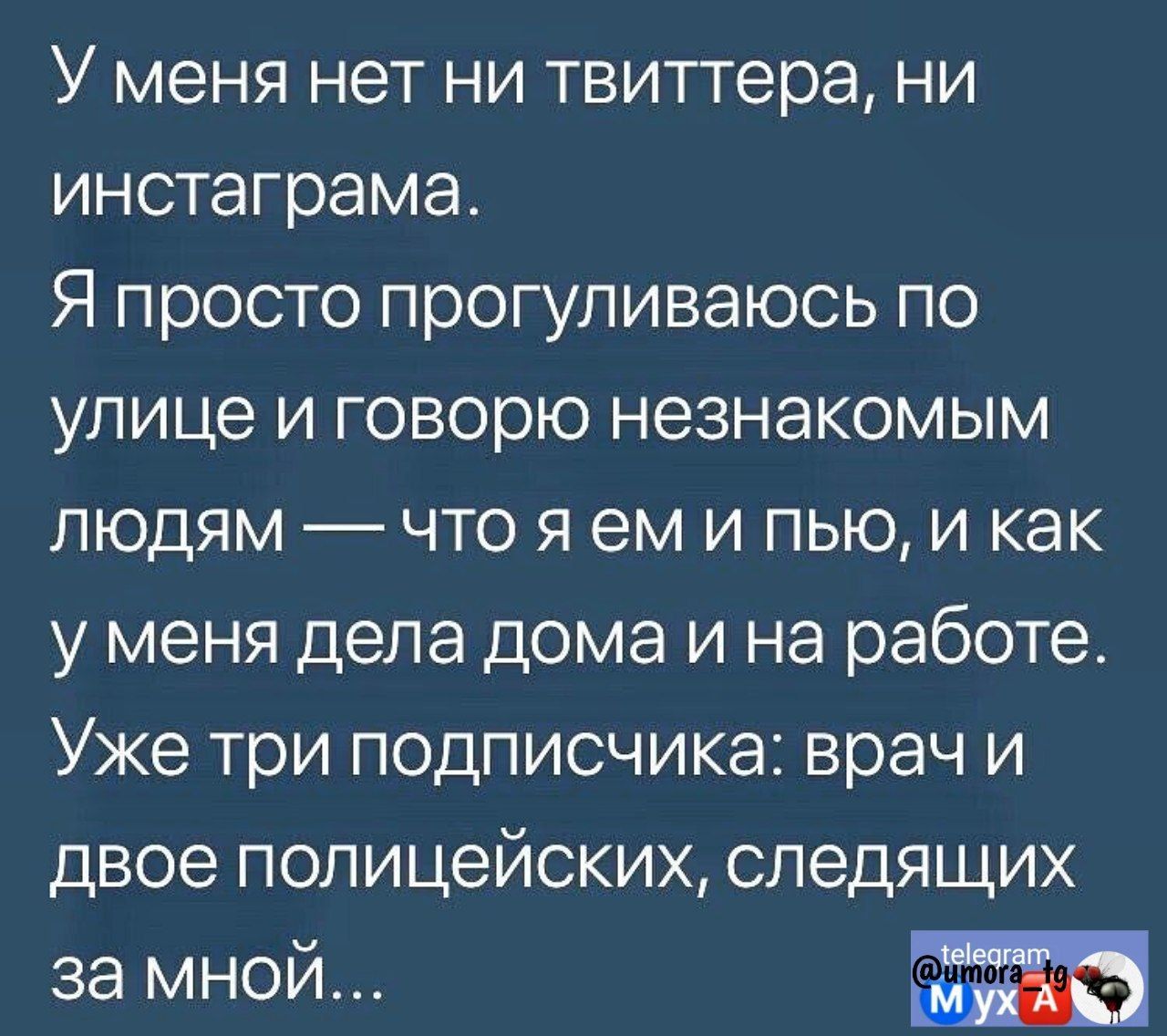 У меня нет ни твиттера ни инстаграма Я просто прогуливаюсь по улице и говорю незнакомым людям что я ем и пью и как у меня дела дома и на работе Уже три подписчика врач и двое полицейских следящих за мной