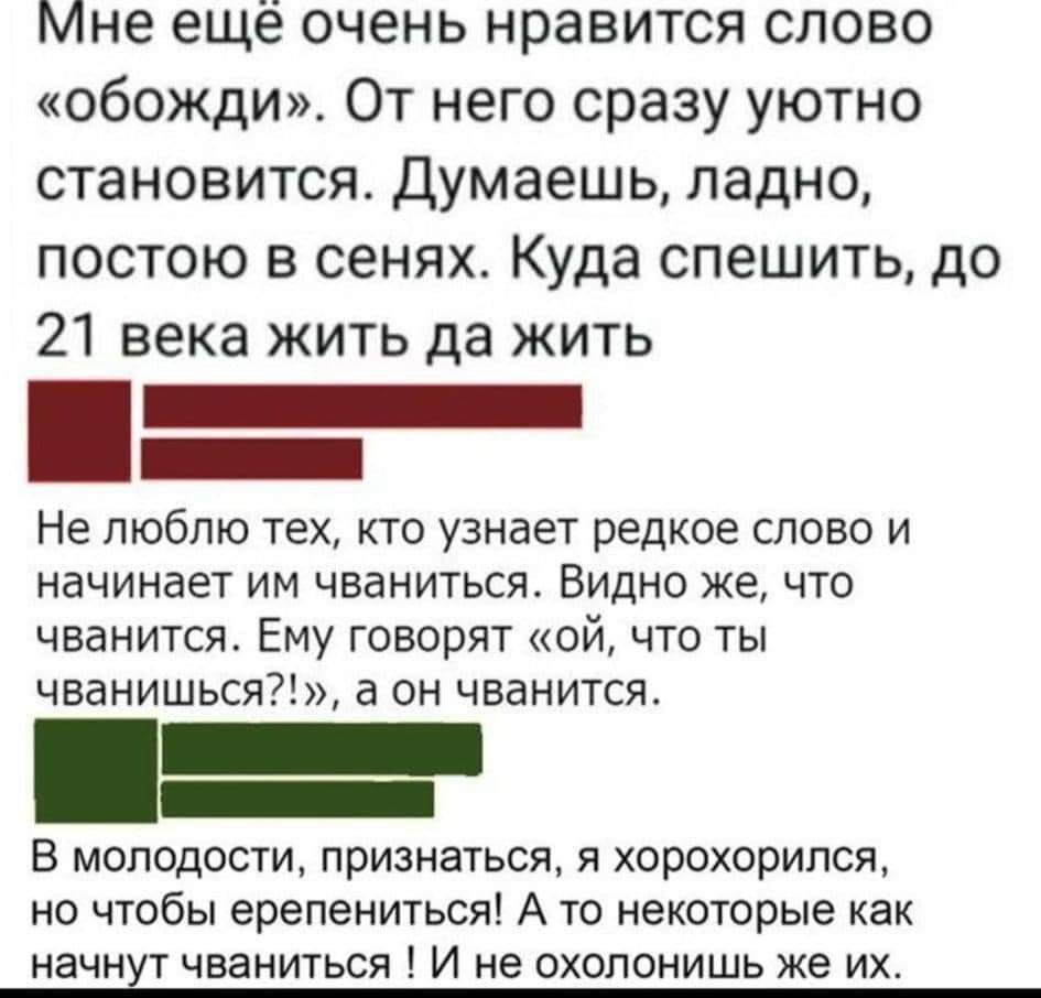 Мне ещё очень нравится слово обожди От него сразу уютно становится Думаешь ладно постою в сенях Куда спешить до 21 века кить да жить Не люблю тех кто узнает редкое слово и начинает им чваниться Видно же что чванится Ему говорят ой что ты чванишься а он чванится В молодости признаться я хорохорипся но чтобы ерепениться А то некоторые как начи т чванитьс И не охопонишь же и