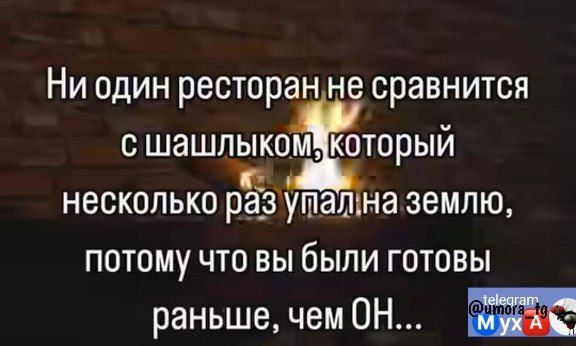 Ни один ресторан не сравнится с шашлыком который несколько райутал на землю потому что вы были готовы раньше чем ОН