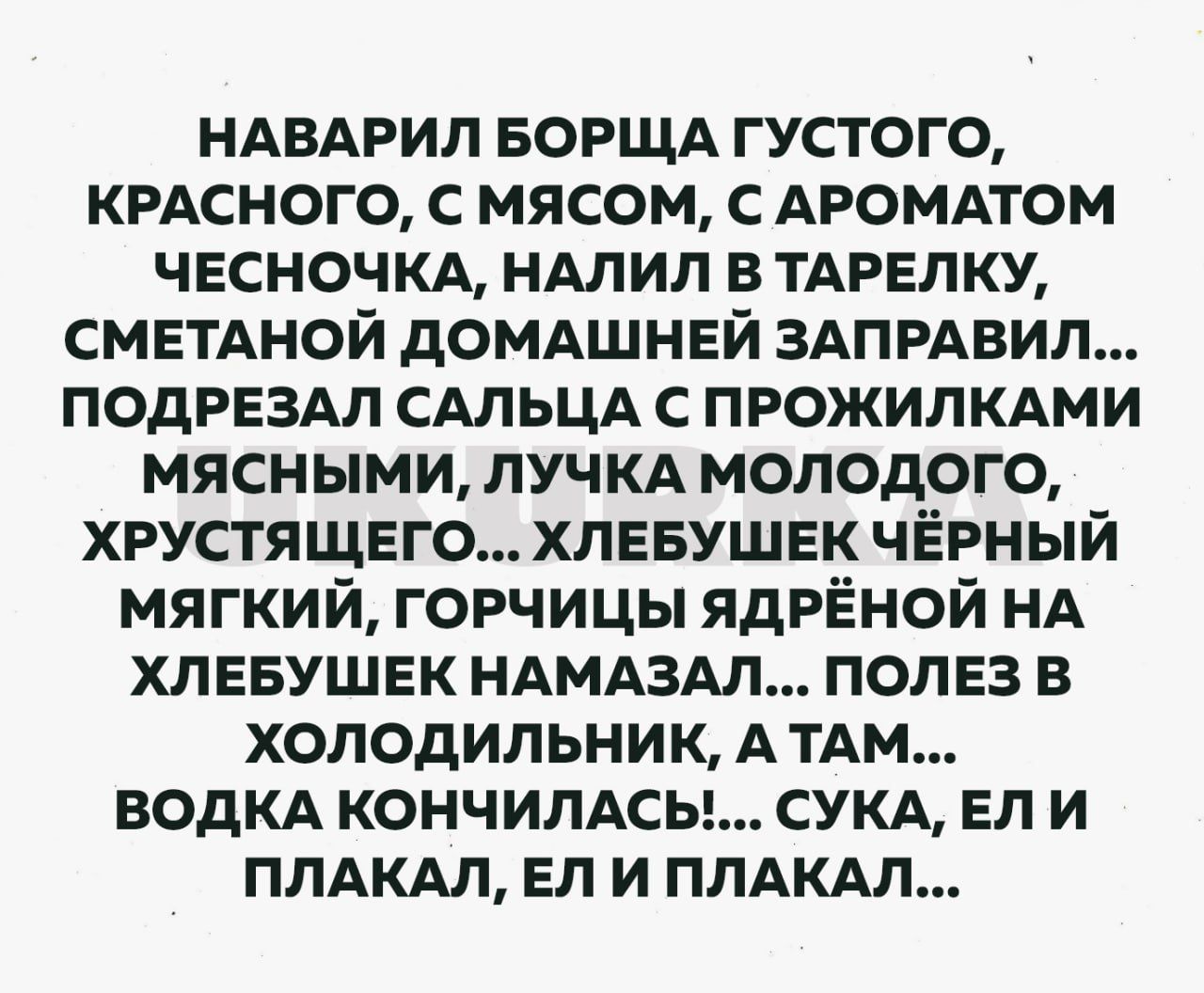 НАВАРИЛ БОРЩА густого крдсного с мясом с АРОМАТОМ чесночм НАЛИП в тмэелку СМЕТАНОЙ домдшней ЗАПРАВИП ПОДРЕЗАЛ сдльцд с прожилкдми мясными лучкд молодого хрустящвго хлевушвк чёрный мягкий горчицы ядрЁной НА хлввушвк НАМАЗАЛ полез в холодильник А им ВОДКА кончипАсы СУКА ЕП и пмкдл вп и ППАКАЛ