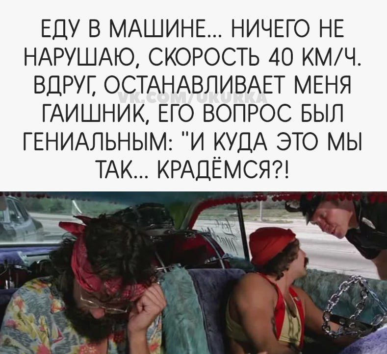 ЕДУ В МАШИНЕ НИЧЕГО НЕ НАРУШАЮ СКОРОСТЬ 40 КМЧ ВПРУП ОСТАНАВЛИВАЕТ МЕНЯ ГАИШНИК ЕГО ВОПРОС БЫЛ ГЕНИАЛЬНЫМ И КУДА ЭТО МЫ ТАК КРАДЁМСЯ