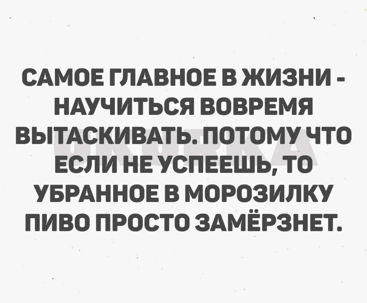 САМОЕ ГЛАВНОЕ В ЖИЗНИ НАУЧИТЬСЯ ВОВРЕМЯ ВЫТАСКИВАТЬ ПОТОМУ ЧТО ЕСЛИ НЕ УСПЕЕШЬ ТО УБРАННОЕ В МОРОЗИЛКУ ПИВО ПРОСТО ЗАМЁРЗНЕТ