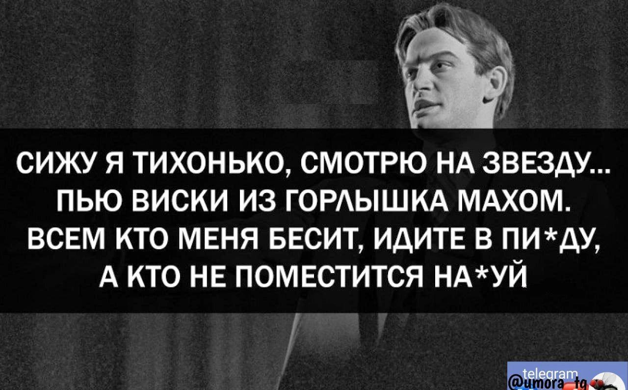 СИЖУ Я ТИХОНЬКО СМОТРЮ НА ЗВЕЗДУ ПЬЮ ВИСКИ ИЗ ГОРЫШКА МАХОМ ВСЕМ КТО МЕНЯ БЕСИТ ИДИТЕ В ПИАУ А КТО НЕ ПОМЕСТИТСЯ НАУЙ