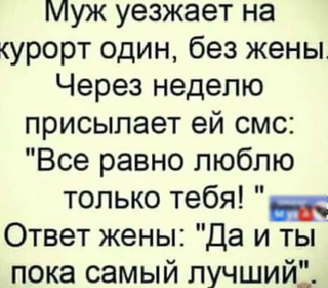 Муж уезжает на урорт один без жены Через неделю присылает ей смс Все равно люблю только тебя Ответ жены Да и ты пока самый лучший