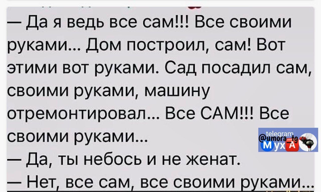 Да я ведь все сам Все своими руками Дом построил сам Вот этими вот руками Сад посадил сам своими руками машину отремонтировал Все САМ Все своими руками Да ты небось и не женат ж Нет все сам все своими рука