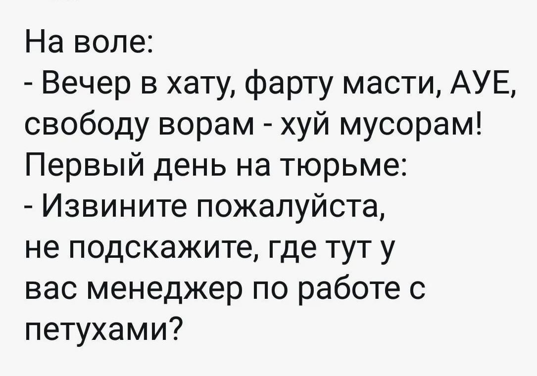 На воле Вечер в хату фарту масти АУЕ свободу ворам хуй мусорам Первый день на тюрьме Извините пожалуйста не подскажите где тут у вас менеджер по работе с петухами