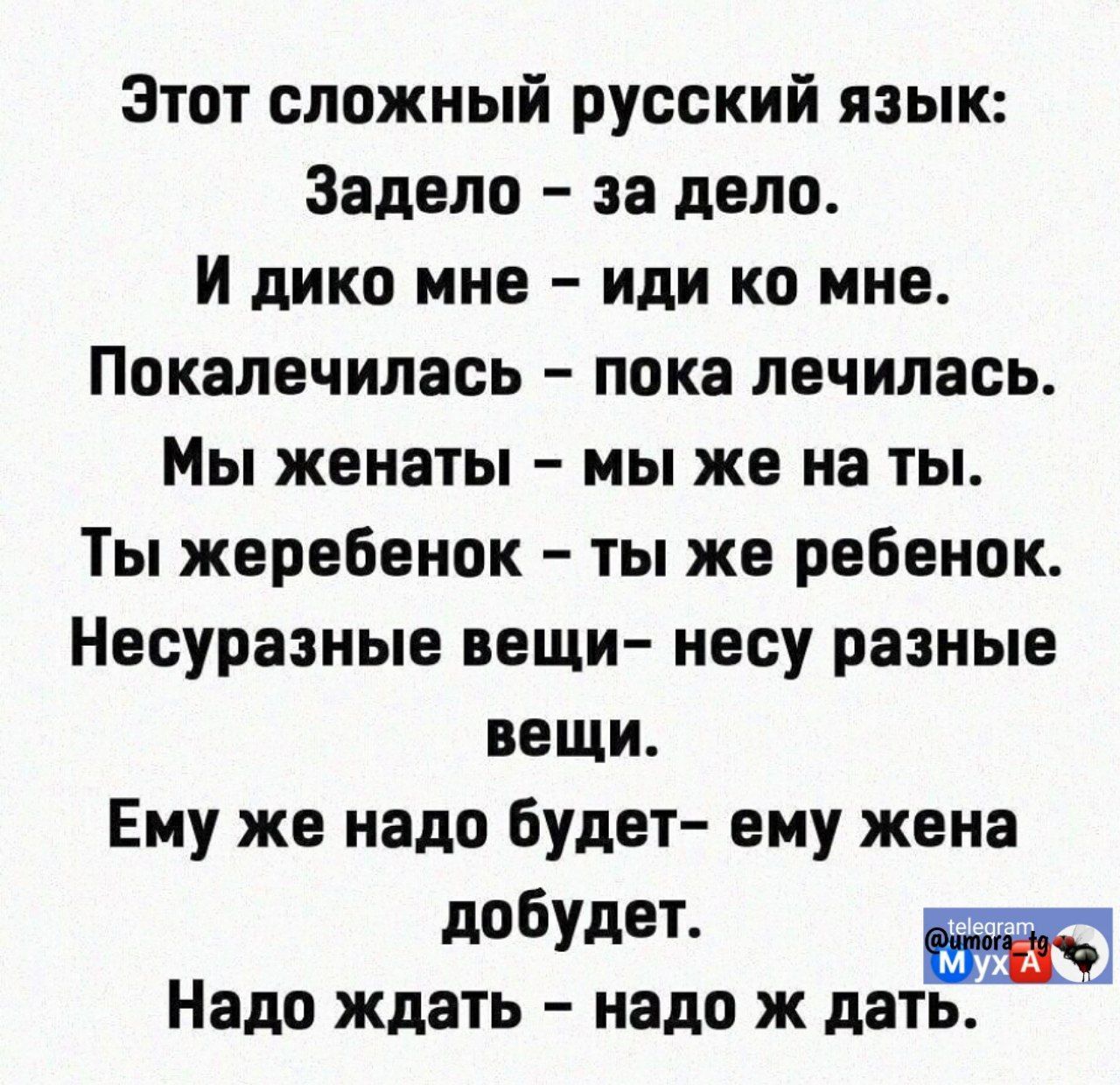 Этот сложный русский язык Задело за дело И дико мне иди ко мне Покалечилась пока лечилась Мы женаты мы же на ты Ты жеребенок ты же ребенок Несуразные вещи несу разные вещи Ему же надо будет ему жена добудет Надо ждать надо ж дать