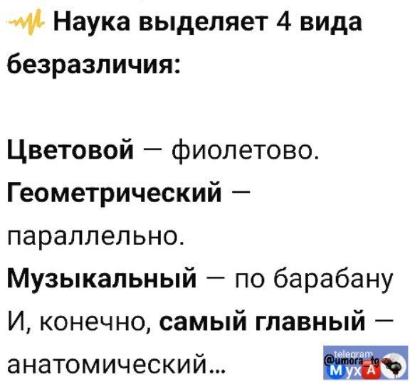 4 Наука выделяет 4 вида безразличия Цветовой фиолетово Геометрический параллельно Музыкальный по барабану И конечно самый главный анатомический ж