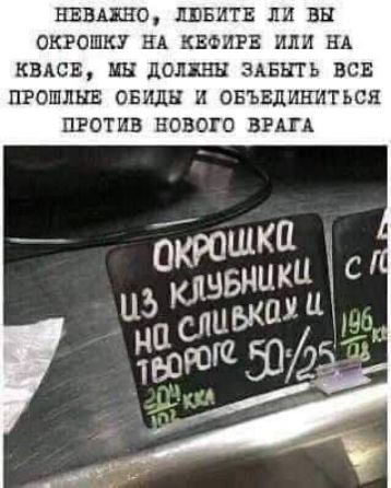 НЕВАЖНО ЛЮБИТЕ ЛИ ВЫ ОКРОШКУ НА КЕФИРЕ ИЛИ НА КВАСЕ МЫ ДОЛЖНЫ ЗАБЫТЬ ВСЕ ПРОШЛЫЕ ОБИДЫ И ОБЪЕДИНИТЬСЯ ПРОТИВ НОВОГО ВРАГА