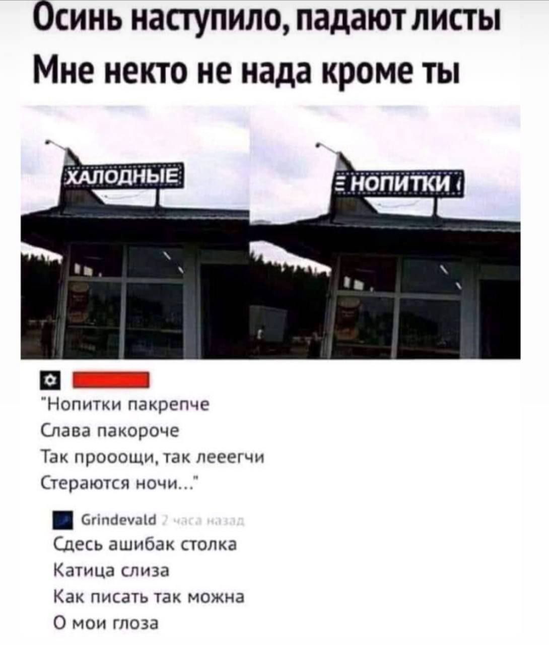 Осинь наступило падают листы Мне некто не нада кроме ты Нопитки пакрепче Слава пакороче Так прооощи так лееегчи Стераются ночи сча Сдесь ашибак столка Катица слиза Как писать так можна О мои глоза