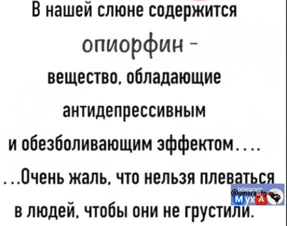 В нашей слюне содержится опиорфин вещество обладающие антидепрессивным и обезболивающим эффектом Очень жаль что нельзя плев в людей чтобы они не грустили